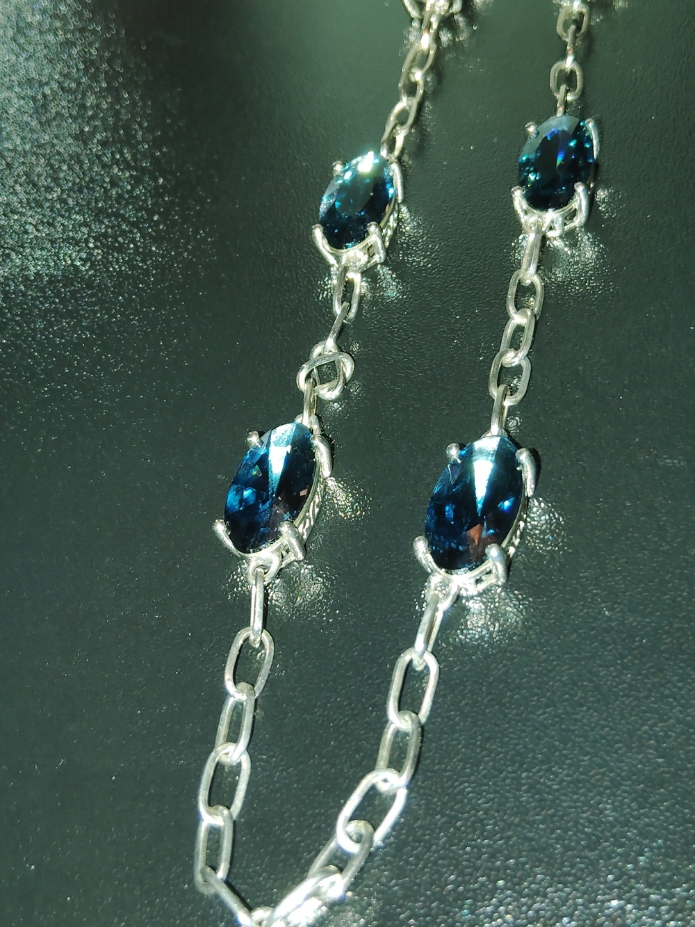 Silver Chain Necklace with Deep Blue Oval Gemstones